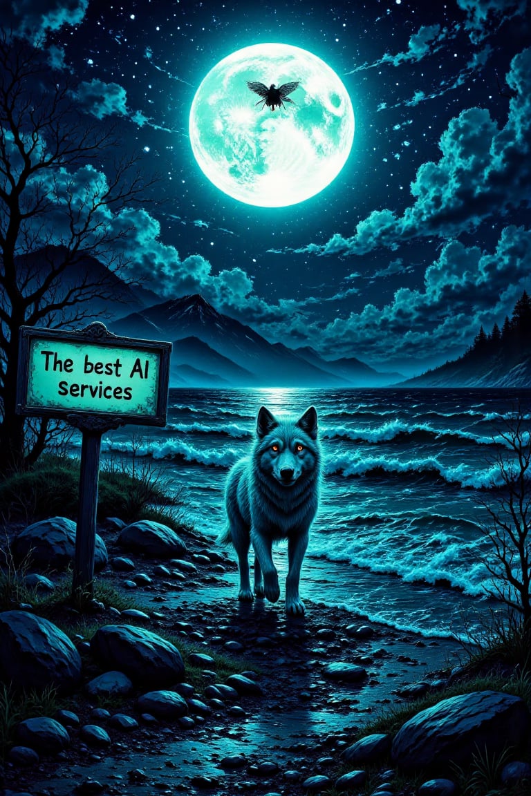 A serene coastal scene under the radiant glow of a full moon. A lone wolf, its fur a mesmerizing silver in the lunar light, pads along the shoreline, the waves gently lapping at its paws. The sky above is a deep shade of indigo, with the full moon hanging low and large, casting an ethereal spell over the beach.,illustration night halloween theme,The sign reads 'xBee The best AI services' in bold