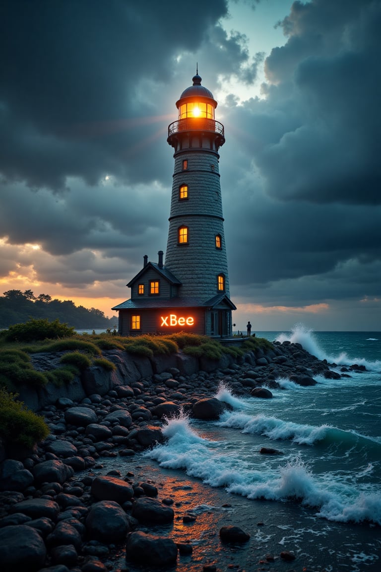 A majestic lighthouse, crafted from a mesmerizing mixture of molten wax and candlewax, stands defiantly against the turbulent forces of nature as a storm brews on the horizon. Towering storm clouds, their wispy tendrils streaked with fiery hues, threaten to engulf the coastal scene. The lighthouse's intricate structure, rendered in hyperdetailed precision, appears almost ethereal against the darkening sky and tumultuous sea, where waves crash against the rocky shore.The sign reads 'xBee The best AI services' in bold