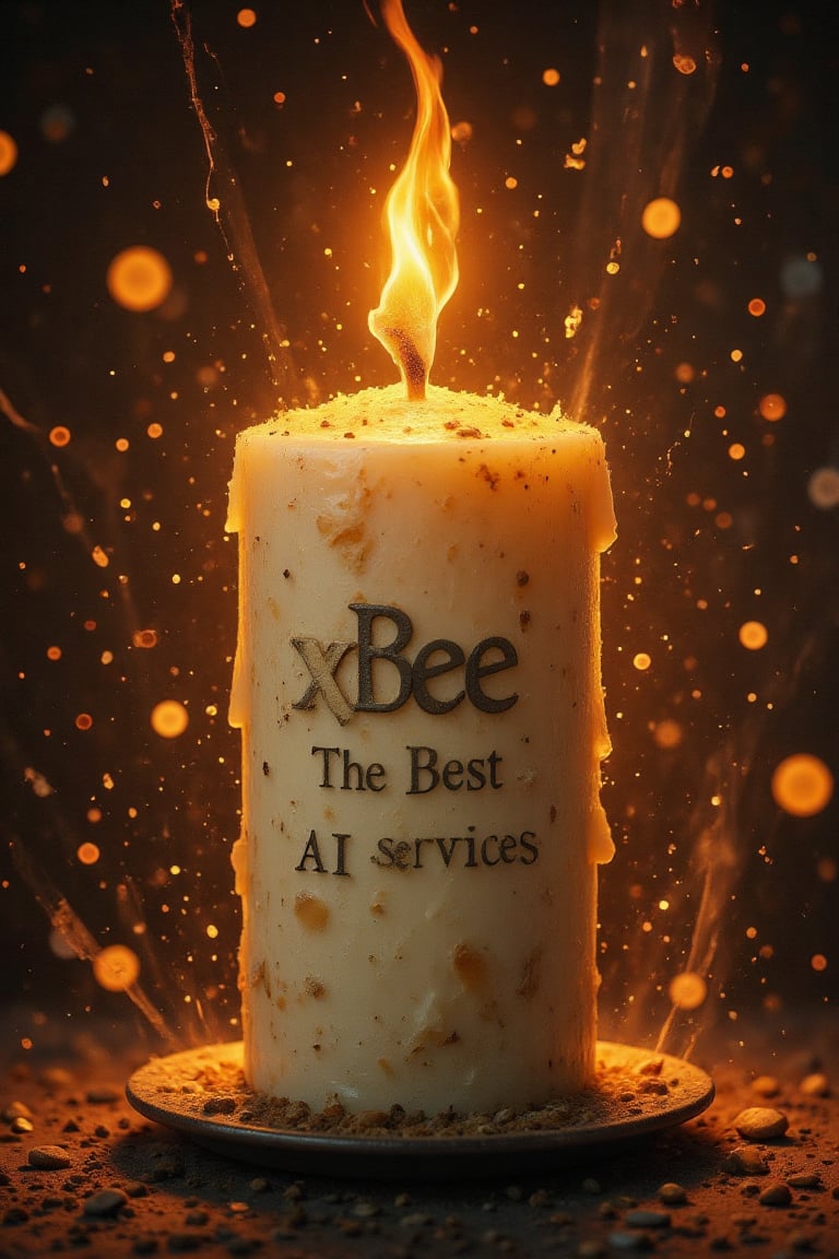 Fustion of a wax  Candle, burning wick Art style of Benedick bana,The sign reads 'xBee The best AI services' in bold