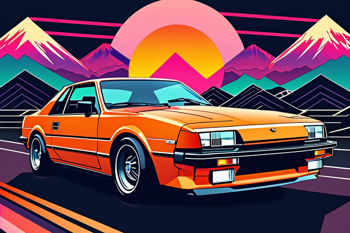 Japanese style, 80s retro vibe, aesthetic, motor sports design, geometric mountain background, retro-style sun.