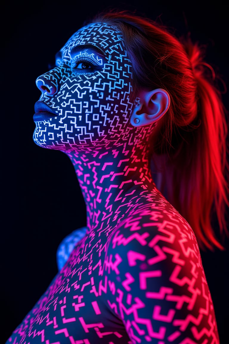 A vivid neon explosion of glowing squares, geometric patterns and sharp lines that form the portrait of a futuristic woman, visually striking and dynamic, dark background, sharp focus, crisp quality, HD, DOF, 4k, intricate detail, dynamic composition, beautiful lighting