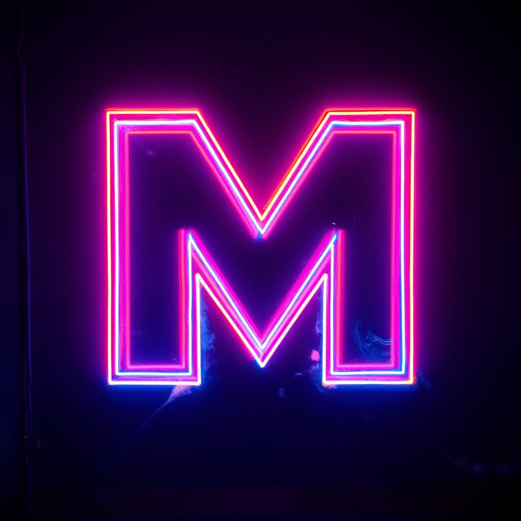 neon, indoor wall, etv mix font. 
"M"
"font style"