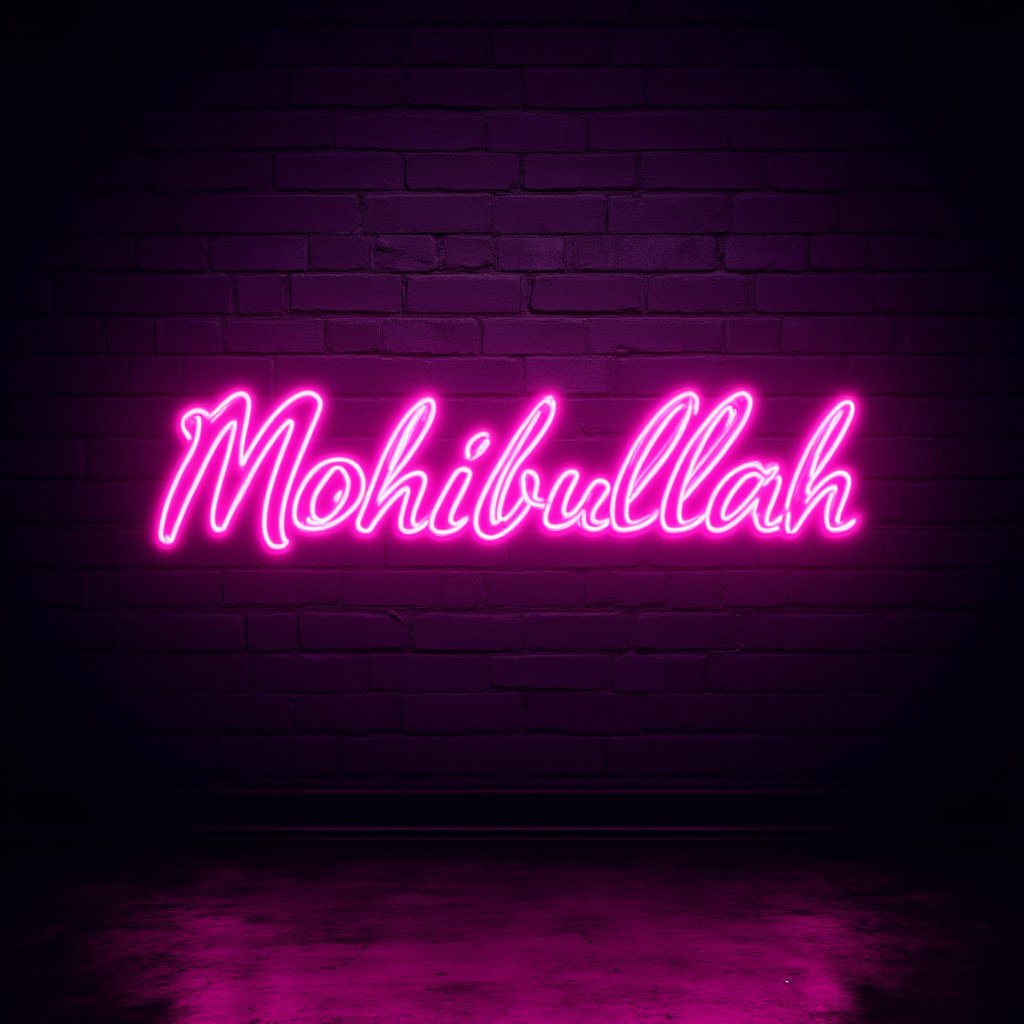 neon, indoor wall, etv mix font. 
"Mohibullah"
"font style"