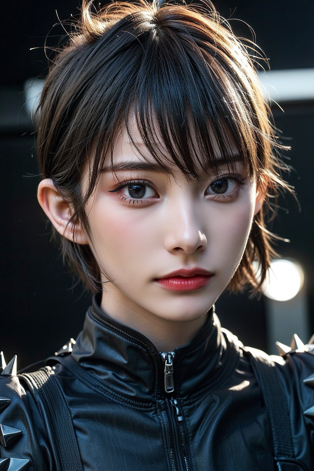 (Best quality, 8k, 32k, Photorealistic, UHD:1.2),

((teenager:1.2)),
((young woman, dramatic contouring, bold eyeliner, short edgy haircut, spiky and styled, high gloss finish, soft lighting, fierce and bold expression)),