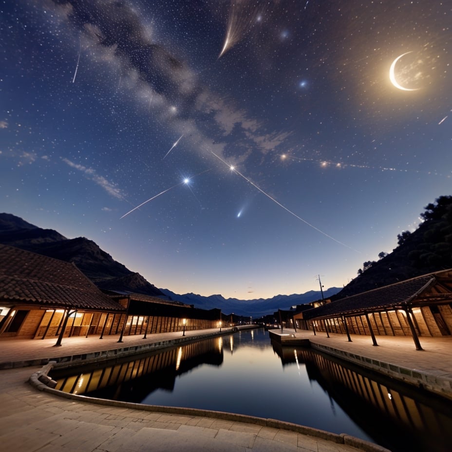 A night sky with a bright full moon shining down on a vast river