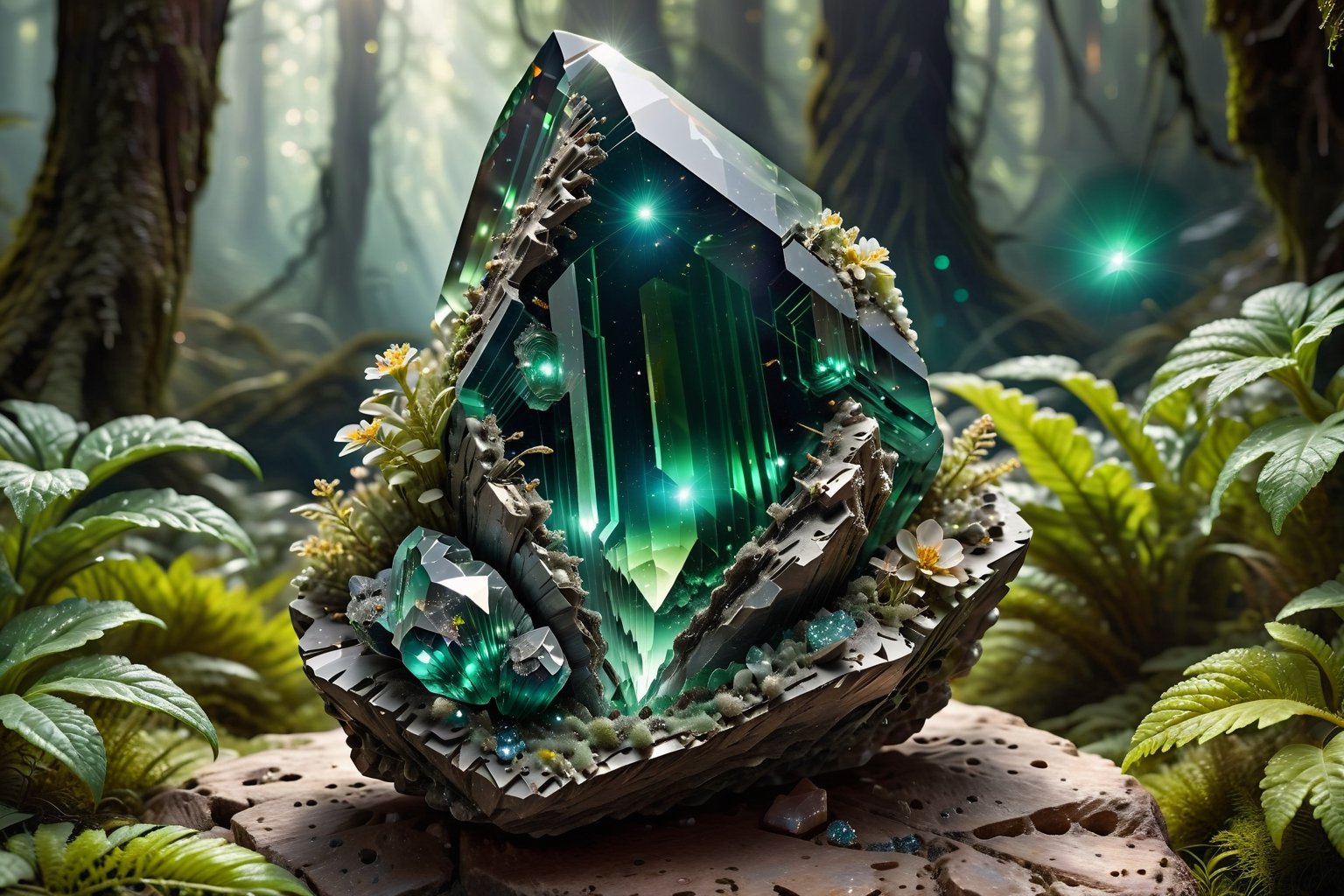A photorealistic image of a massive,  otherworldly gem formed from rough,  greenish crystals. The outer portion of the gem...