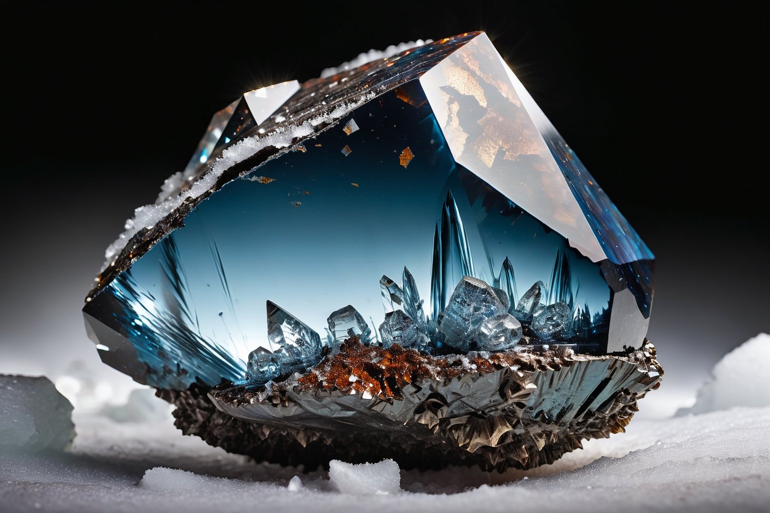 A photorealistic image of a massive,  otherworldly gem formed from rough,  bluenish crystals. The outer portion of the gem...
