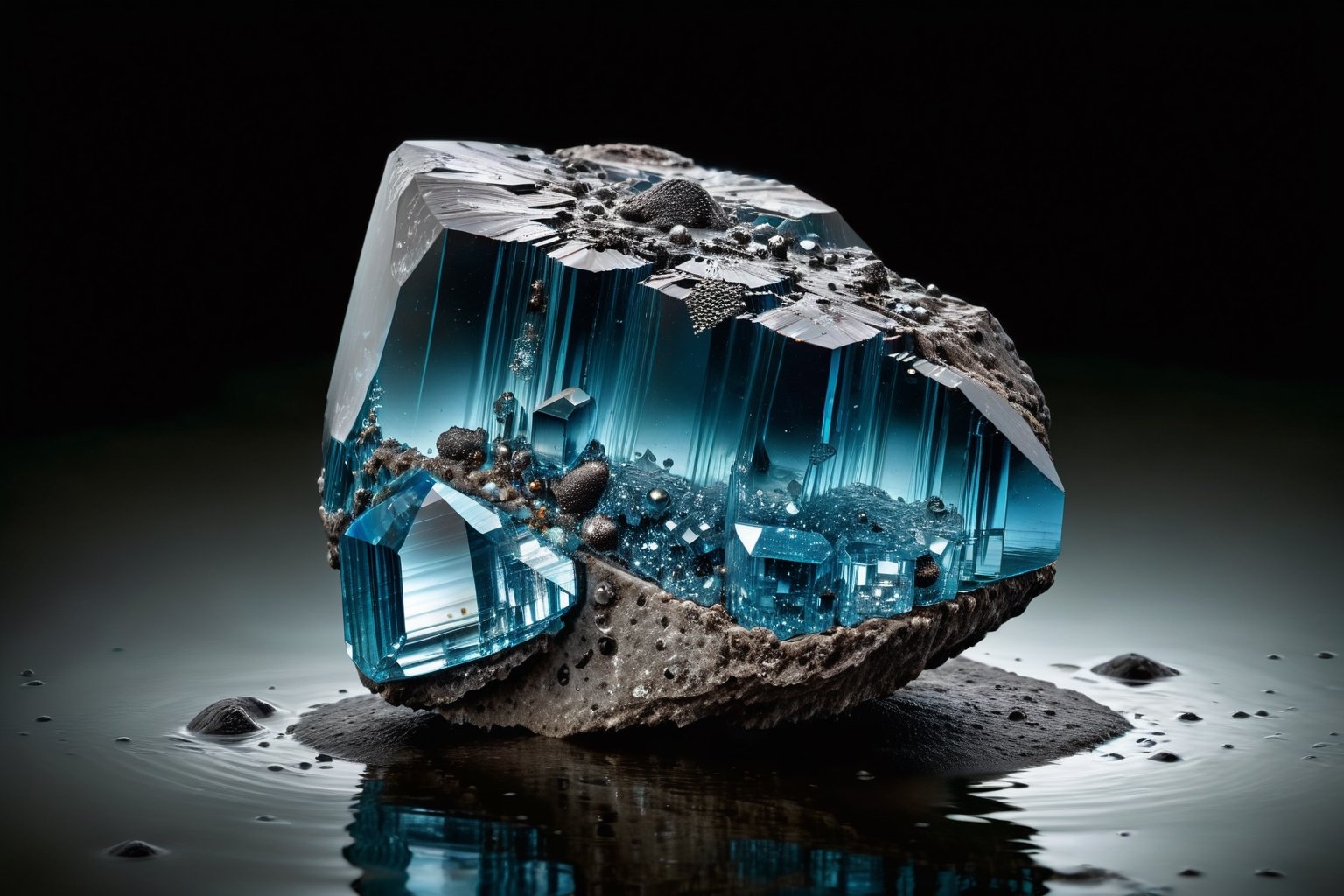 A photorealistic image of a massive,  otherworldly gem formed from rough,  ocean bluenish crystals. The outer portion of t...