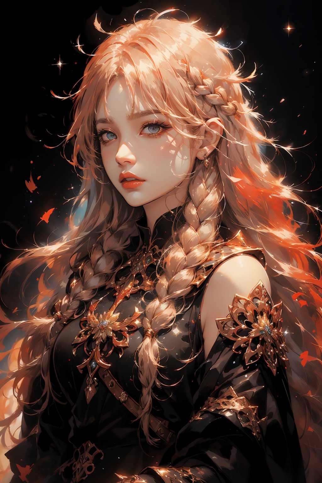 1woman, ((blank background)), vibrant colors, head and shoulders portrait, long_hair, blonde hair, single braid, pale, bangs, glowing red_eyes, warrior, large forhead,sangonomiya kokomi (sparkling coralbone),nodf_lora