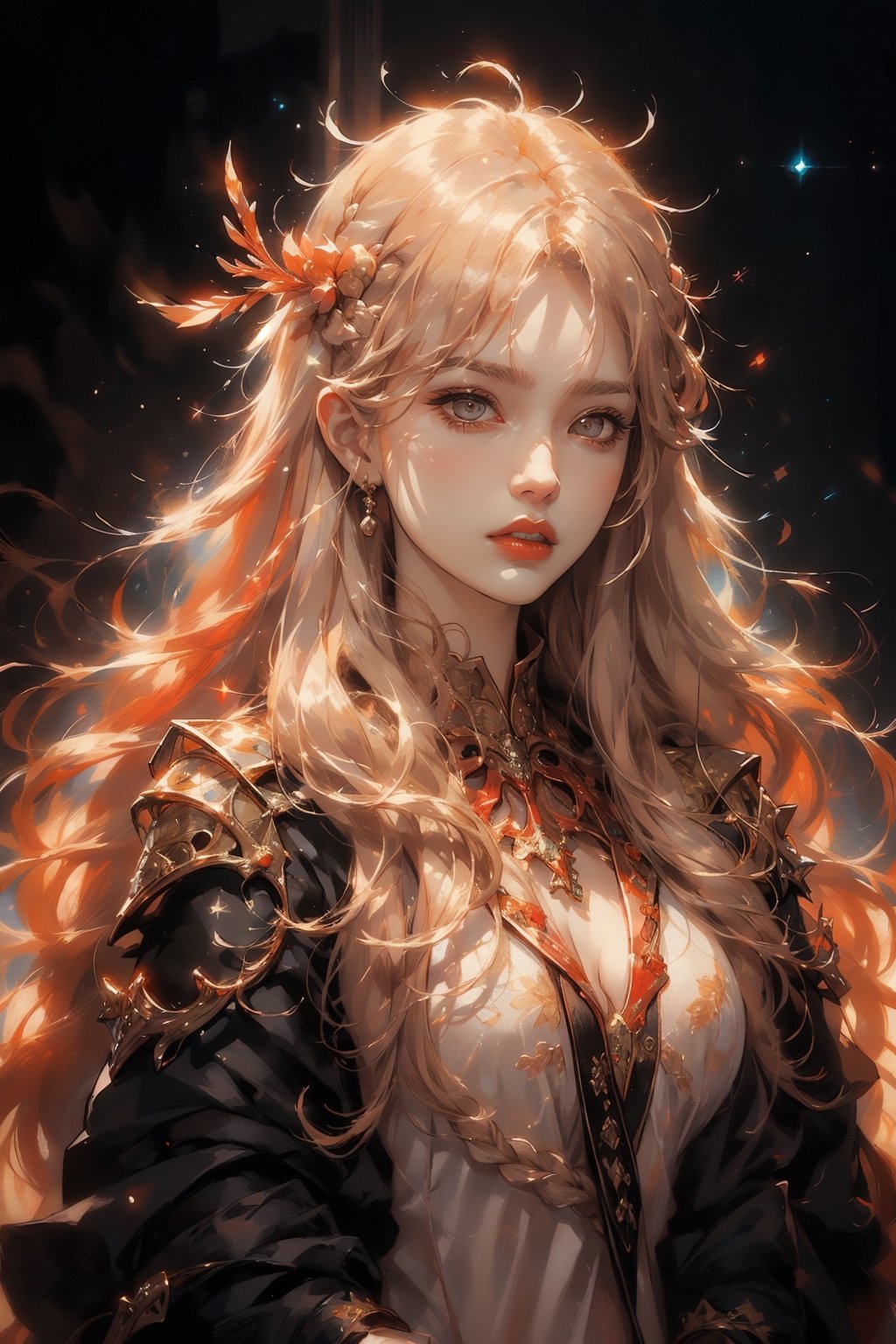 1woman, ((blank background)), vibrant colors, head and shoulders portrait, long_hair, blonde hair, single braid, pale, bangs, glowing red_eyes, warrior, large forhead,sangonomiya kokomi (sparkling coralbone),nodf_lora