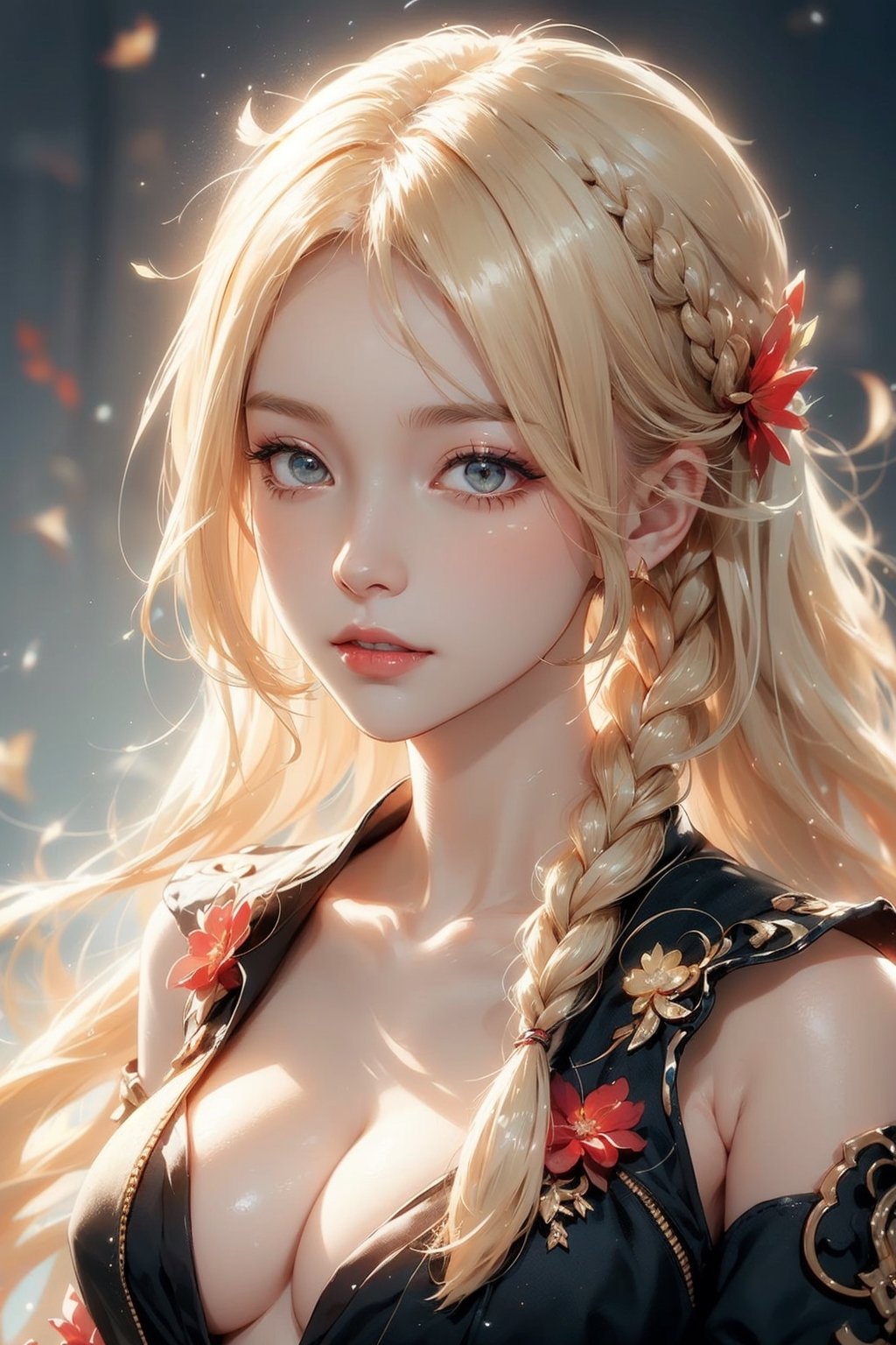 1woman, ((blank background)), vibrant colors, head and shoulders portrait, long_hair, blonde hair, single braid, pale, bangs, glowing red_eyes, warrior, large forhead,sangonomiya kokomi (sparkling coralbone),nodf_lora,wrenchmicroarch