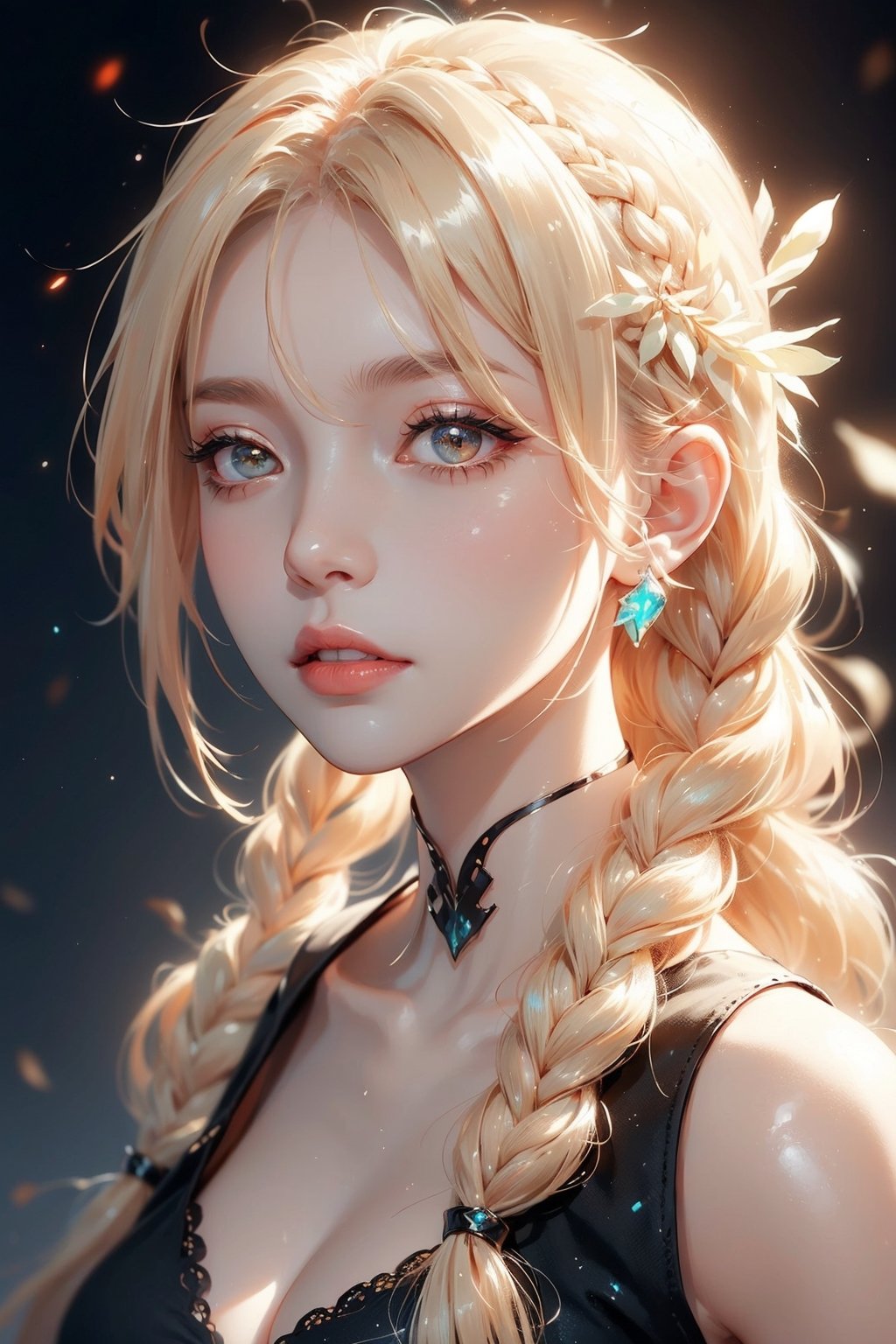 1woman, ((blank background)), vibrant colors, head and shoulders portrait, long_hair, blonde hair, single braid, pale, bangs, glowing red_eyes, warrior, large forhead,sangonomiya kokomi (sparkling coralbone),nodf_lora,wrenchmicroarch