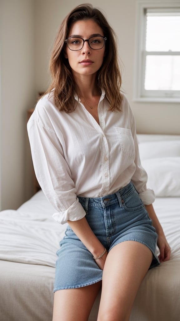 Create a hyper-realistic 50 year old woman in a knee-length jean skirt,  blue eyes,  pale skin by user_706128851784274981...