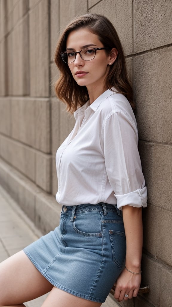 Create a hyper-realistic 50 year old woman in a knee-length jean skirt,  blue eyes,  pale skin by user_706128851784274981...