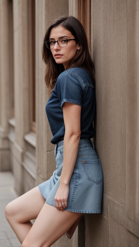 Create a hyper-realistic 50 year old woman in a knee-length jean skirt,  blue eyes,  pale skin by user_706128851784274981...