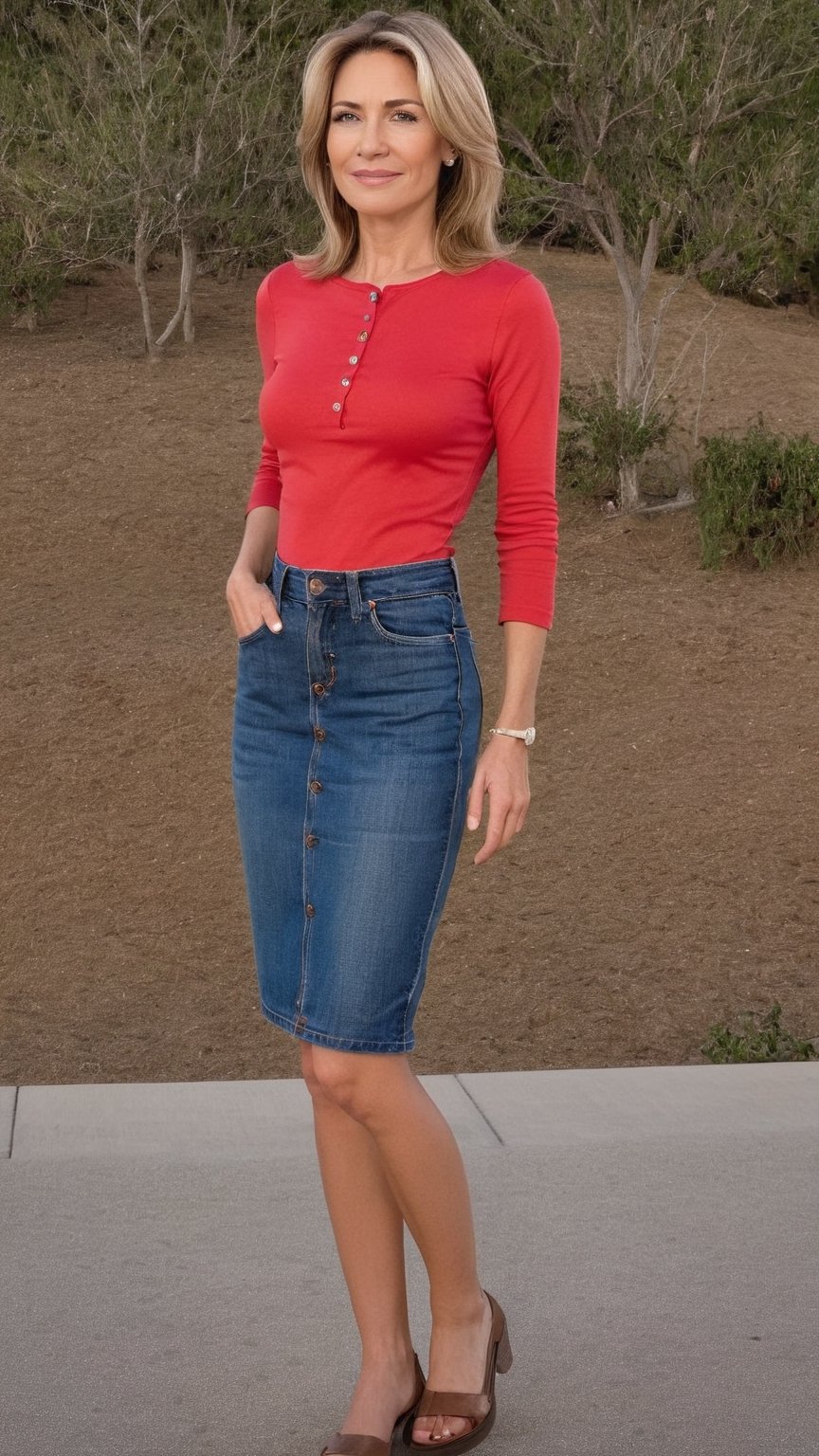 Beautiful 45 year old milf,  knee-length jean button skirt,  mature woman by user_706128851784274981 on Tensor.Art