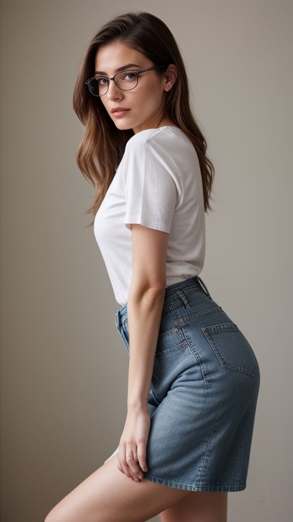 Create a hyper-realistic 50 year old woman in a knee-length jean skirt,  blue eyes,  pale skin by user_706128851784274981...