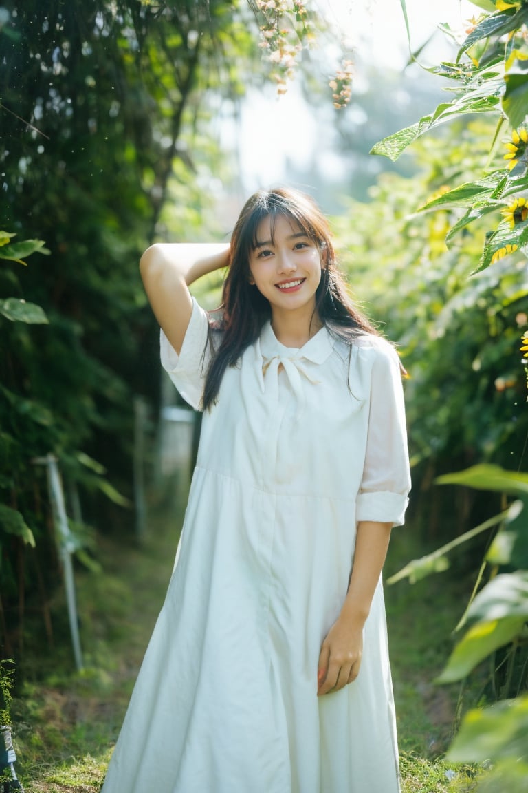 Captivating masterpiece of a young elf girl posing amidst a vibrant sunflower field, her long flowing locks gently dancing in the soft sunlight. Emerald eyes sparkle with joy as she smiles amidst the lush petals and delicate magic that surrounds her. The gentle breeze carries the sweet scent of sunflowers, completing the idyllic scene, black hair, long straight hair hk_girl,aika-sawaguchi