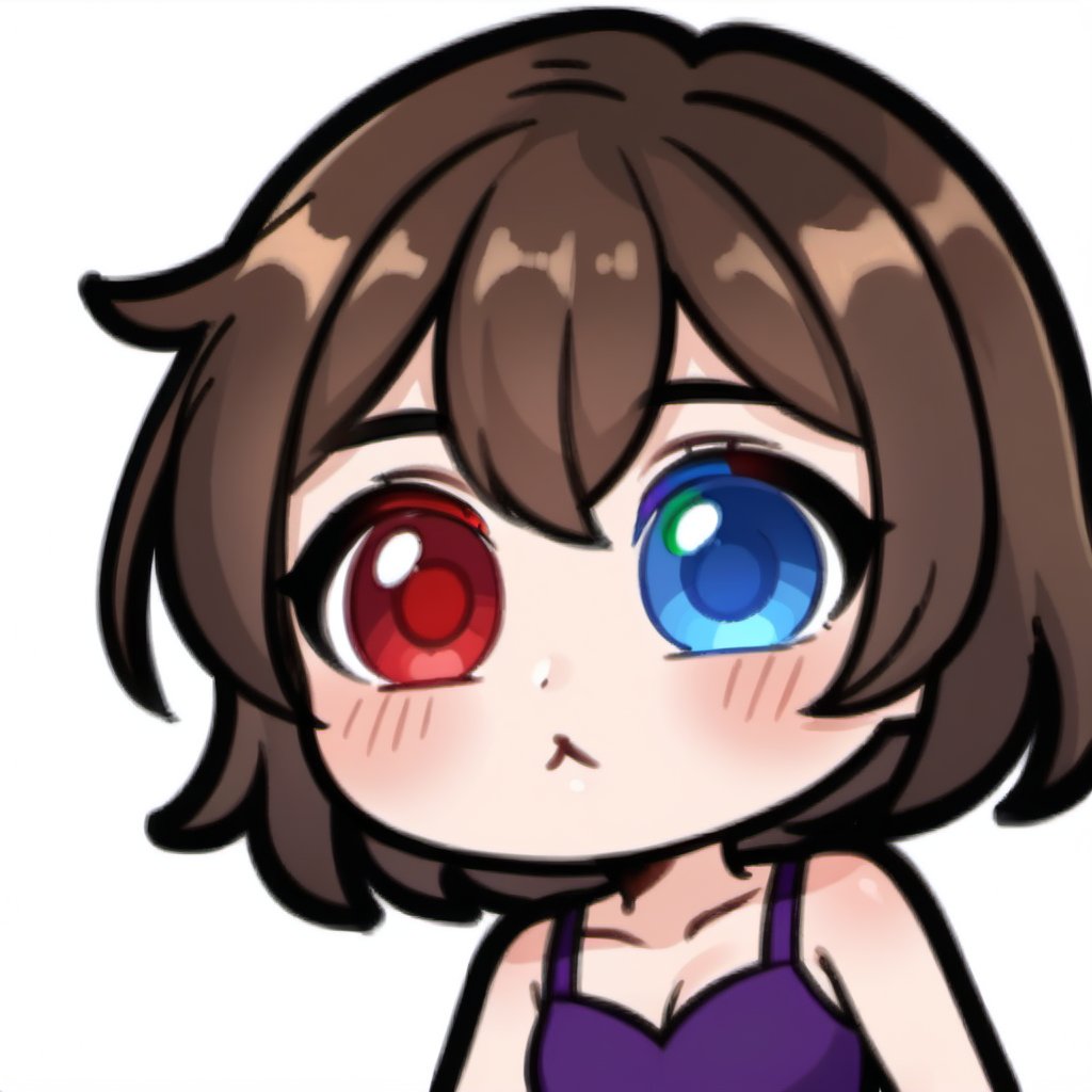 high quality, high resolution, highly detailed face, white background, chibi, 1 girl, alone, cute face, kawaii, sexy, twitch, loli, ((short dark brown hair)), ((heterochromia)), ((blue eyes, red eyes)), ((purple dress with design)), ((taking cardboard juice with both hands)), :o