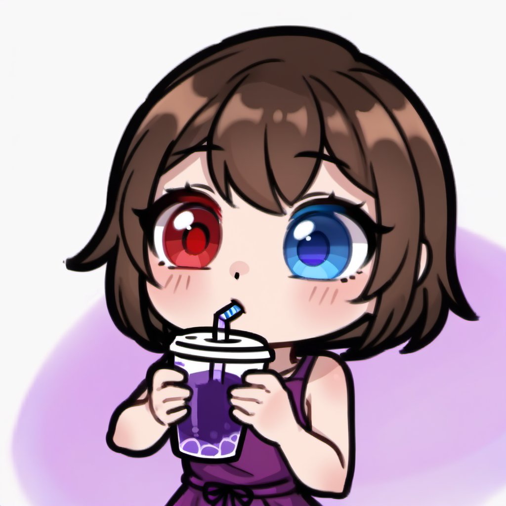 high quality, high resolution, highly detailed face, white background, chibi, 1 girl, alone, cute face, kawaii, sexy, twitch, loli, ((short dark brown hair)), ((heterochromia)), ((blue eyes, red eyes)), ((purple dress with design)), ((Drinking purple cardboard juice with both hands)), ((white background)), :o