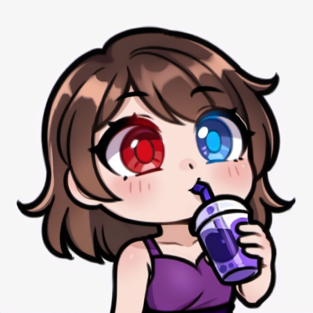 high quality, high resolution, highly detailed face, white background, chibi, 1 girl, alone, cute face, kawaii, sexy, twitch, loli, ((short dark brown hair)), ((heterochromia)), ((blue eyes, red eyes)), ((purple dress with design)), ((Drinking purple cardboard juice with both hands)), ((white background)), :o