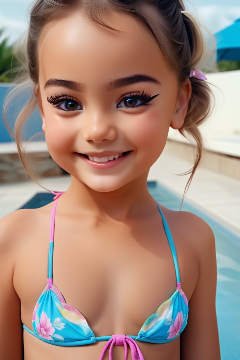 Young Clara, child, loli, wearing bikini, smile, eyeliner, makeup, upper body, 8k, extremely detailed face