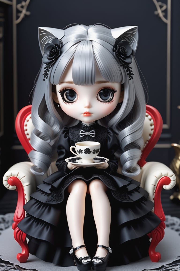 (3D-figure,chibi,blythe-doll,)(masterpiece,ultra detailed,high-quality,8k,professional,UHD,)Gothic theme, dark theme, black gothic dress, gothic makeup, tea time,Monochrome gothic room,sitting on a chair 
,holding a teacup, hair ornaments, white silver gradient hair,(blunt  bangs, curly hair),black carpet floor,black cats