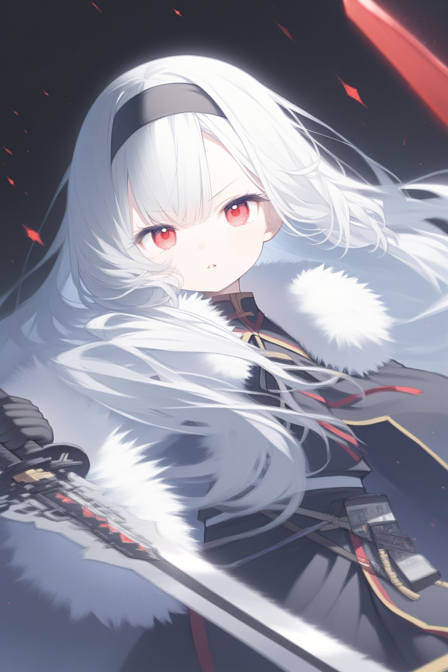 1girl, solo, long hair, red eyes, hairband, weapon, sword, white hair, fur trim, looking at viewer, parted lips