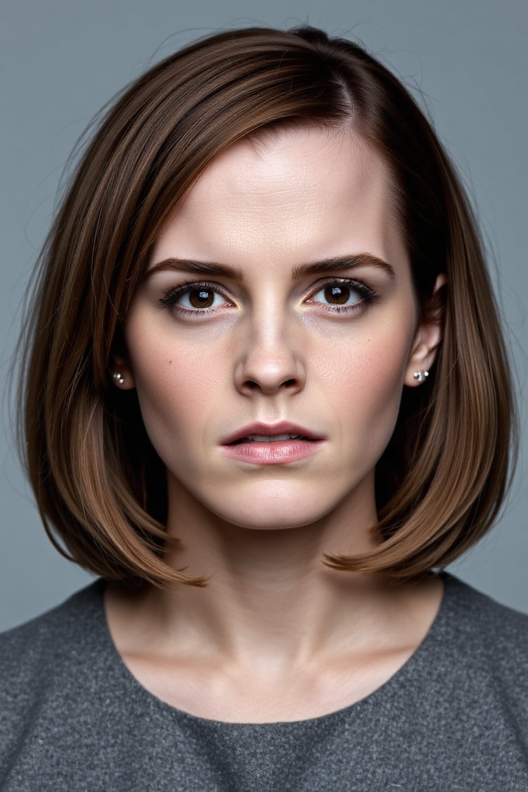 Extremely hot Emma Watson. 40 yo mature woman She has a serious,  intense expression,  with her lips pressed together in a...