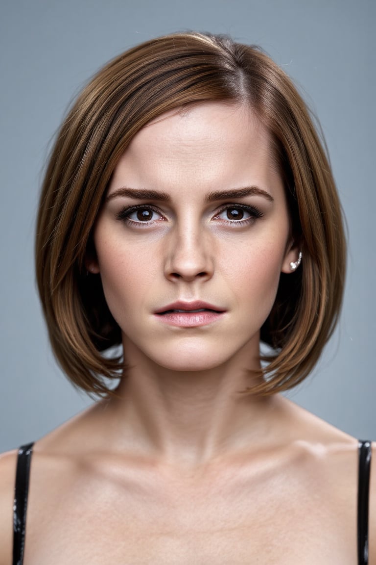 Extremely hot Emma Watson. 40 yo mature woman She has a serious,  intense expression,  with her lips pressed together in a...