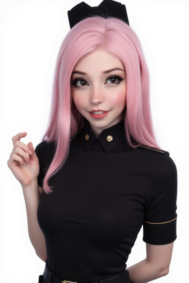 digital render face portrait studio photo of a woman looking at viewer, standing, face id photo, pink hair color, dark brown big eyes, looking at viewer, black militar uniform, goth make up, black lipstick, white color background, simple background, | ,astroflux_v101, belle delphine,