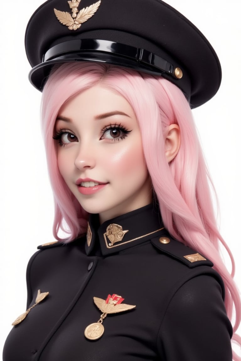 digital render face portrait studio photo of a woman looking at viewer, standing, face id photo, pink hair color, dark brown big eyes, looking at viewer, black militar hat, militar medals, black militar uniform, goth make up, black lipstick, white color background, simple background, | ,astroflux_v101, belle delphine,