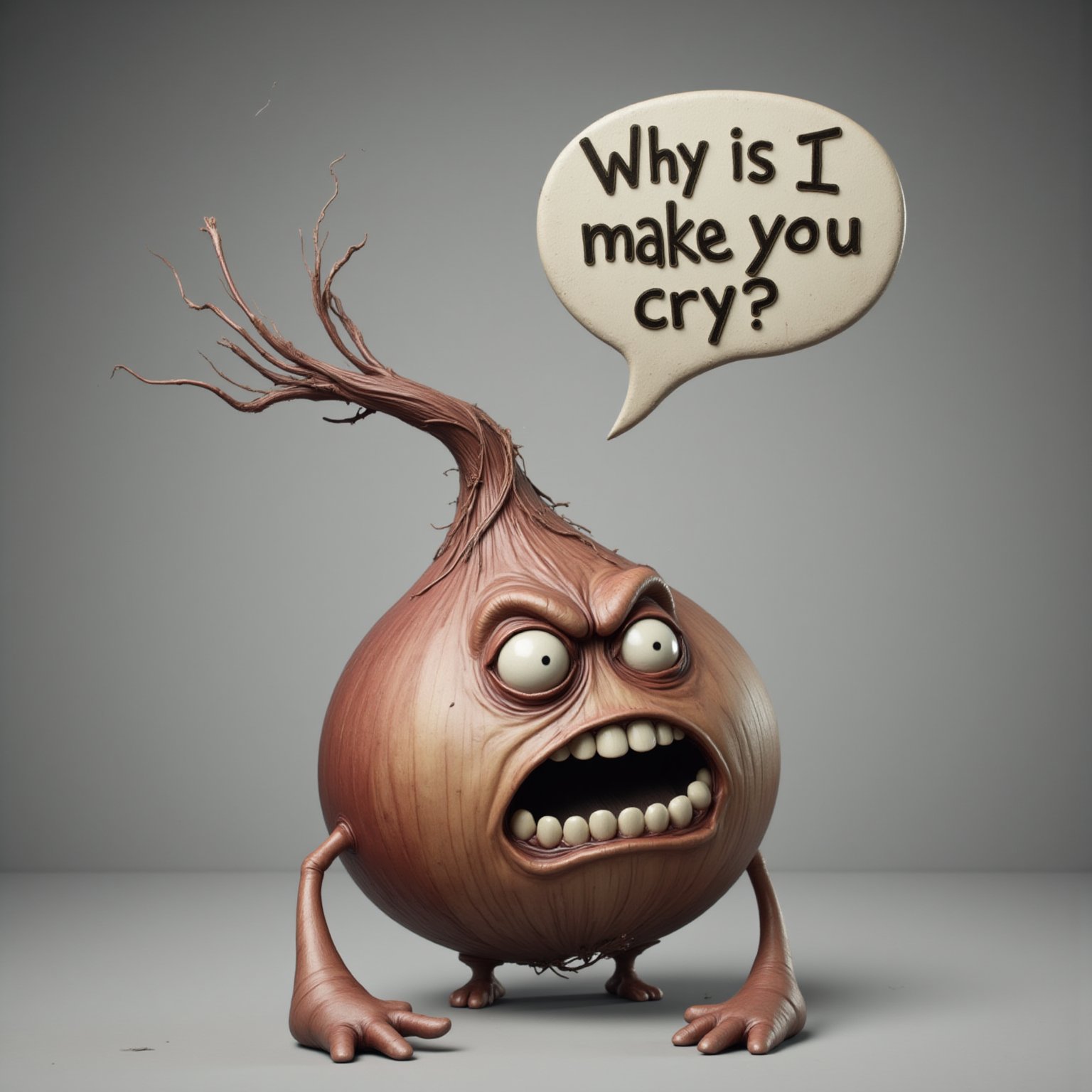 An onion character in a 3D representation, in a speech bubble says the text: "Why do I make you cry?",
Gray background, photography studio lighting for a commercial, 
Comic and humorous image full of irony to print on a t-shirt, it should create a smile when seen, so the character's features will tend to be humanized, expressing sadness and anger, to provoke laughter in the viewer
(photorealistic), masterpiece: 1.5, beautiful lighting, best quality, intricate details, all in sharp focus, photography, supreme resolution, 32K, ultra-sharp, extremely shallow depth of field,biomorphic, Biomimetic, botanical, bio, organic,