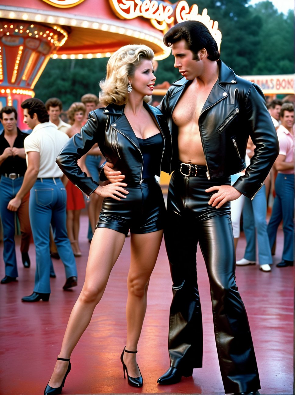 John Travolta and Olivia Newton-John dressed in leather,  big breast,  as their characters from Grease by lluva on Tensor.Art