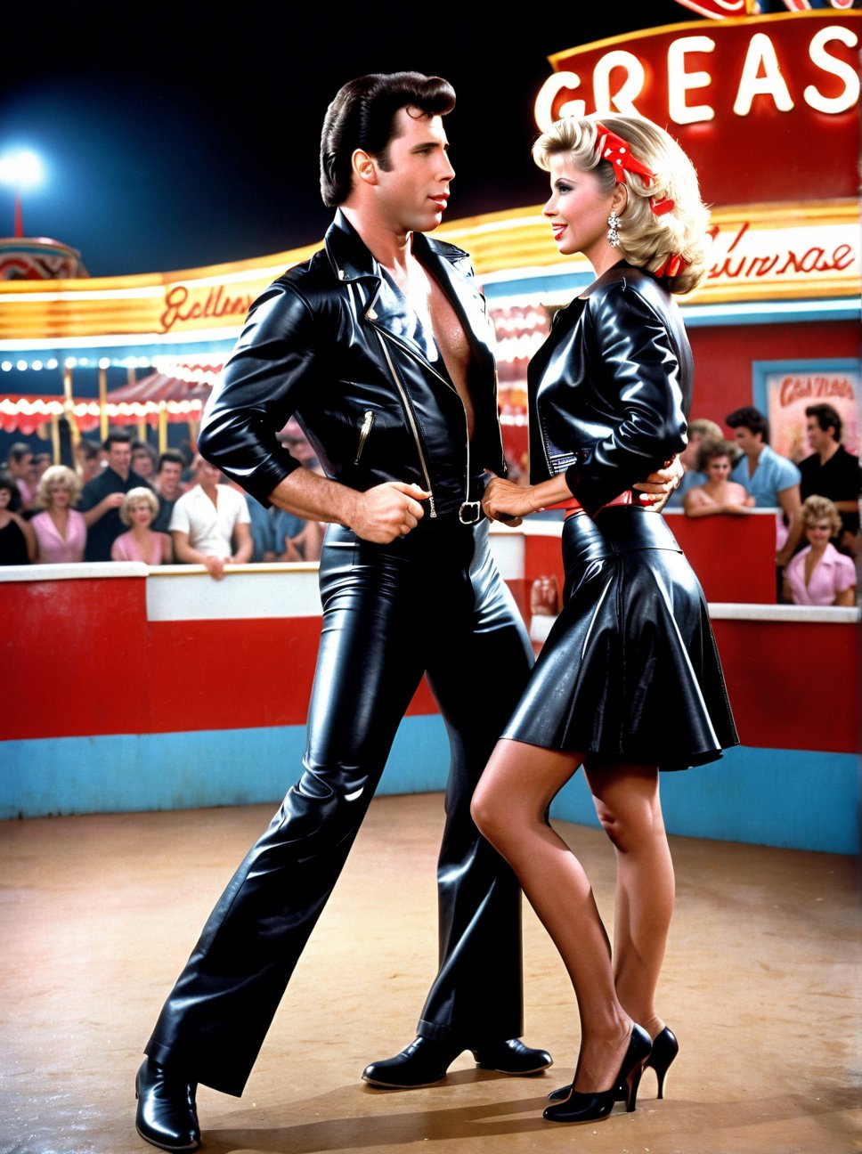 John Travolta and Olivia Newton-John dressed in leather,  as their characters from Grease,  captured in mid-dance at the a...