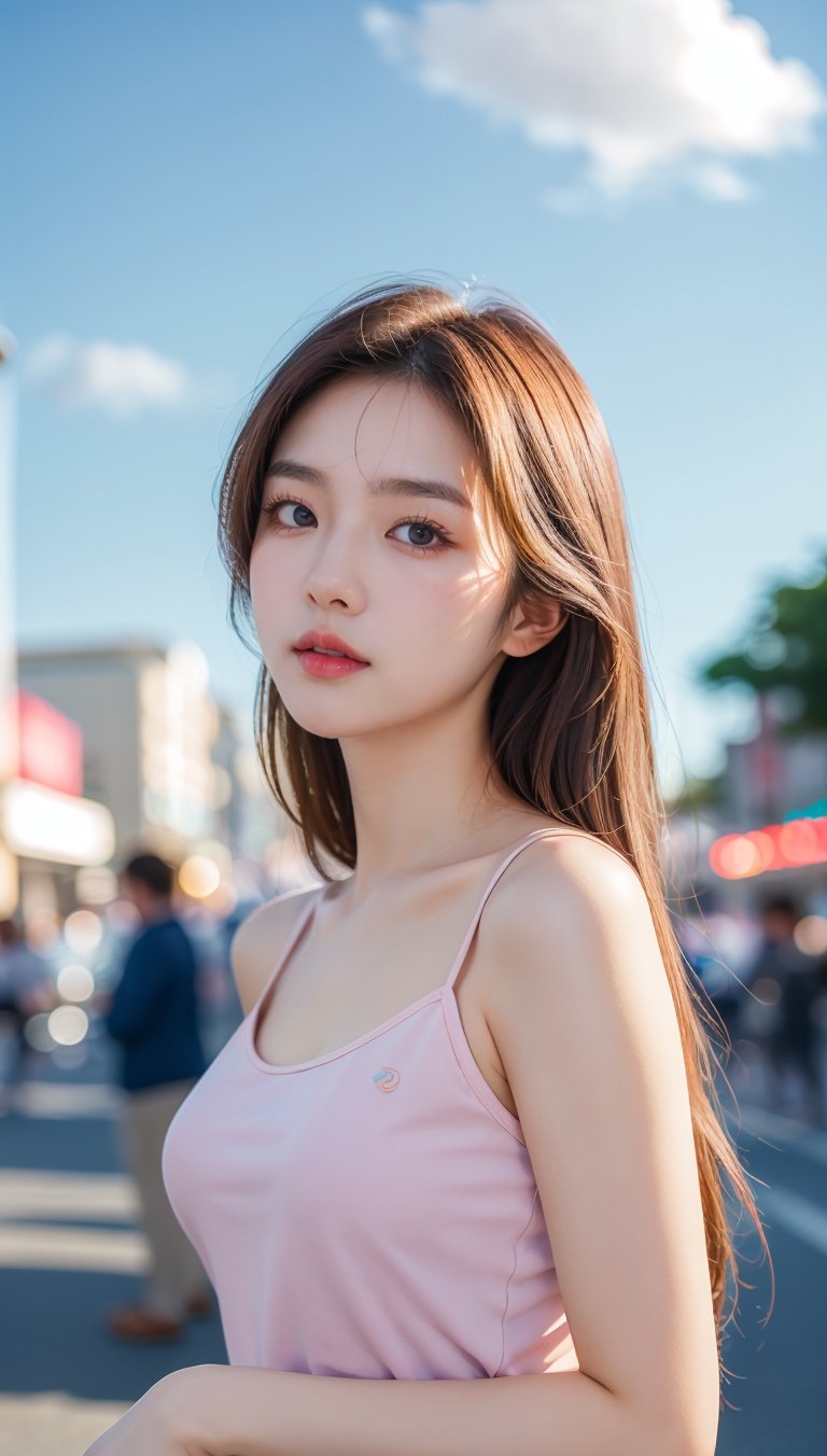 mid body, beautiful south korean girl in street, professional photography, depth in field, pastel colors, high quality, sky, clouds, background blur