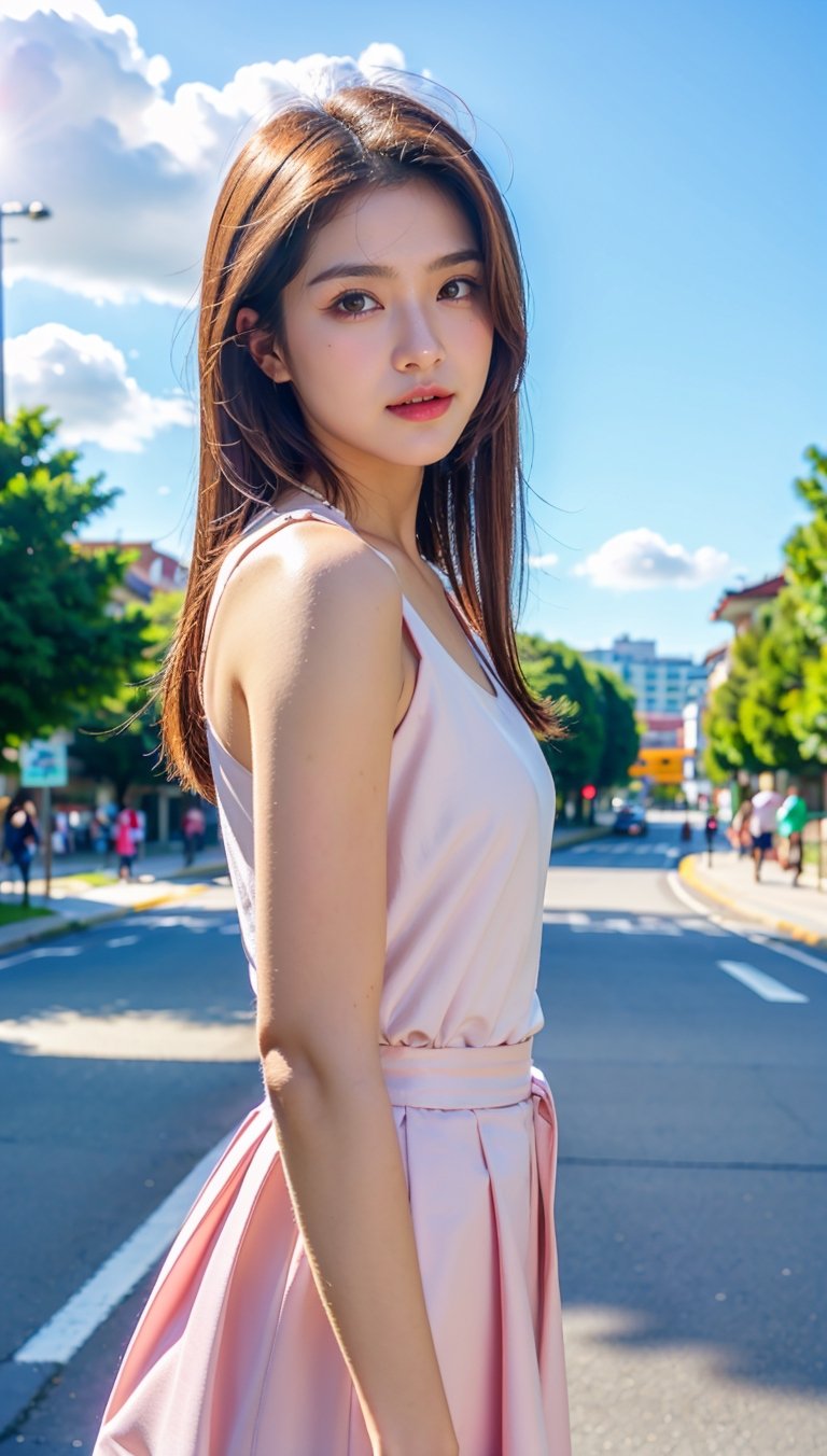 mid body, beautiful south korean girl in street, professional photography, depth in field, pastel colors, high quality, sky, clouds, background blur