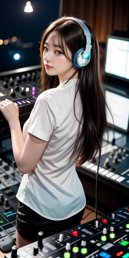 Studio lights, pin lights falling from behind, a beautiful stage, a beautiful woman with long hair. Over-ear headphones, girl DJing, better hands, white_mini shirt,

 