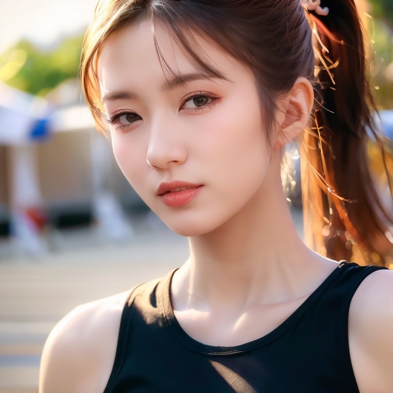 (((masterpiece, best quality:1.3))),((ultra detailed face)), sole_female, solo,  ponytail, t-shirt, head to waist bodyshot, happy, outdoors, street, lamppost, hair bow, (pretty girl:1.2), realistic, raw photo, low key, illustration, small eyes, (yellow brown hair:1.3),photorealistic, 21 years old female, ,HKFace,wonder of beauty