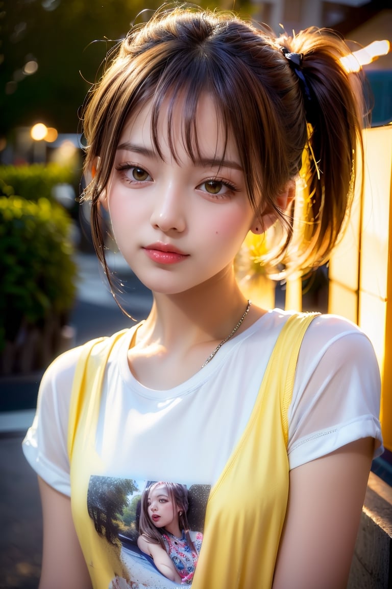 (((masterpiece, best quality:1.3))), 1girl, solo,  ponytail, t-shirt, head to waist bodyshot, happy, outdoors, street, lamppost, hair bow, (pretty girl:1.2), realistic, raw photo, low key, illustration, small eyes, (yellow brown hair:1.3),photorealistic, 21 years old female, ,HKFace