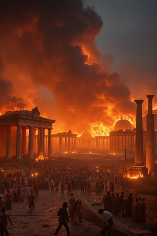 Create a dramatic scene of ancient Rome in flames during Nero. The image should feature iconic Roman architecture, like temples and forums, engulfed in bright orange and red flames. Smoke billows into a darkening sky as people rush to escape the chaos. The atmosphere is tense and filled with a sense of urgency, capturing the historical significance of this catastrophic event
D