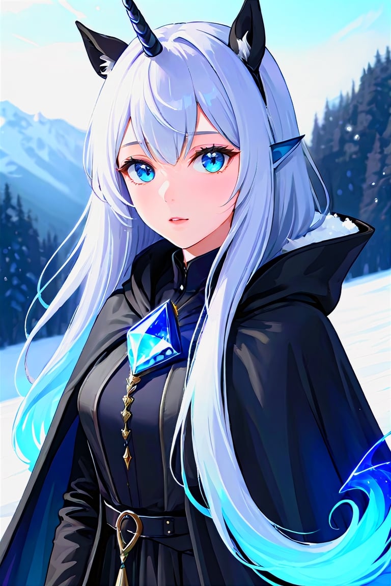 pale woman, long grey hair, black cloak, long iradescent unicorn horn, human face, horse tail, horse ears, electric blue eyes, ice queen