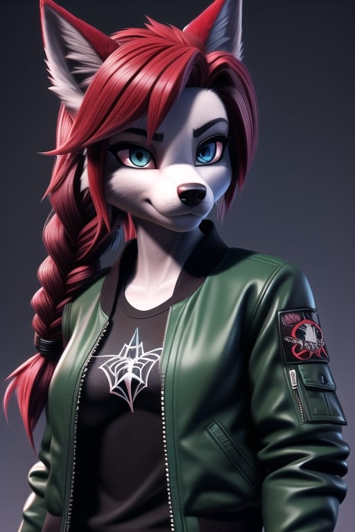 silver_fur, wolf, blue-grey eyes, red_hair, fishtail_braid over shoulder, furry, hellhound,cartoon,furry girl,FurryCore, black_spiderweb_shirt, green_bomber_jacket, female,3d