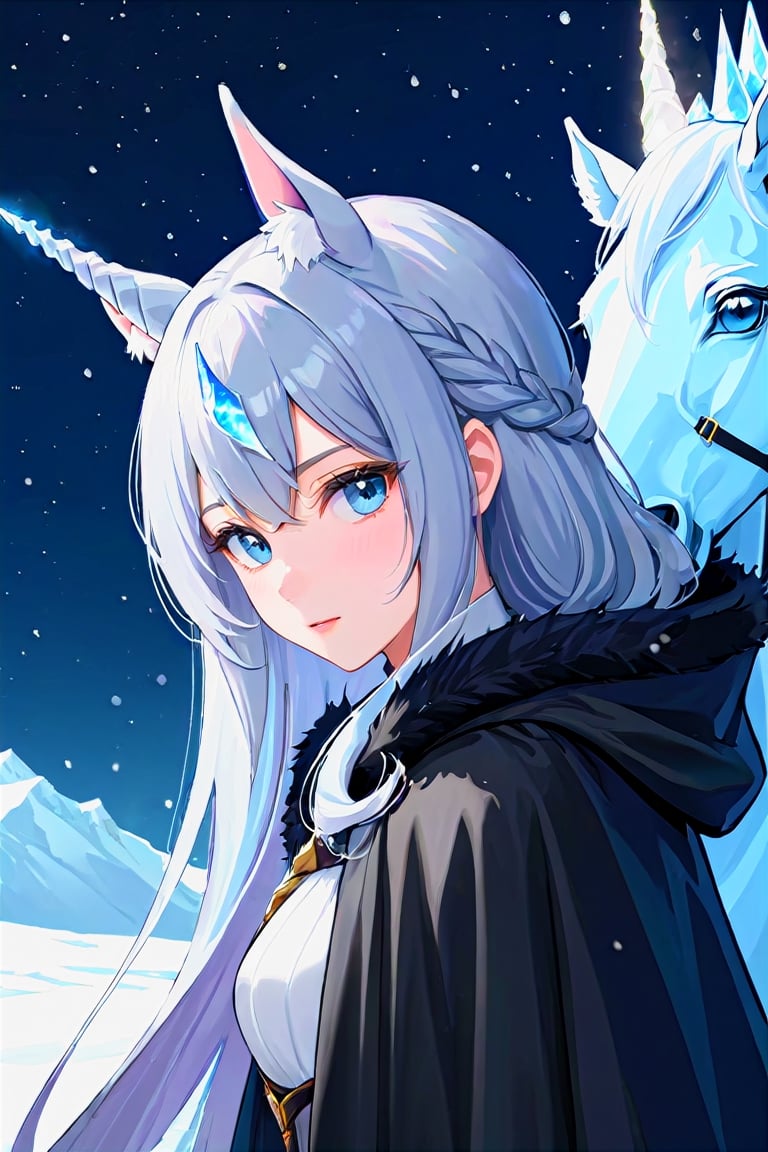 pale woman, iradescent unicorn horn on forehead, long grey hair, black cloak, human face, horse tail, horse ears, icy blue eyes, ice queen