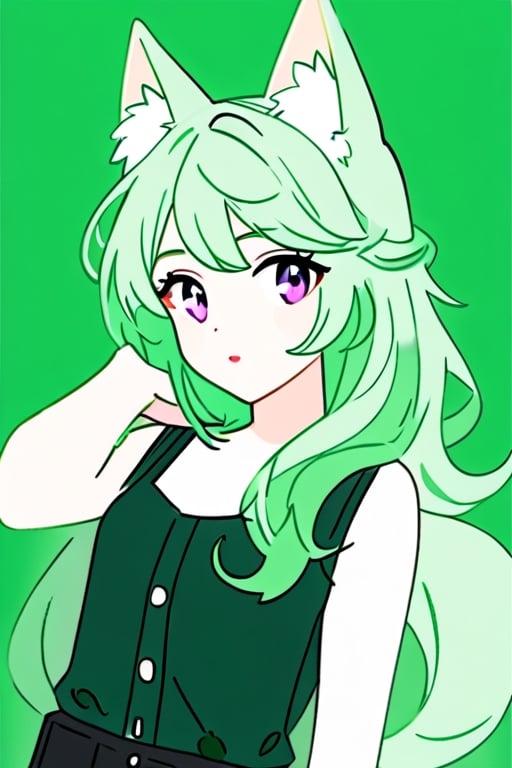 pale girl, long, kelly green hair, purple eyes, wolf ears, fluffy kelly green tail, black tank top, white button up