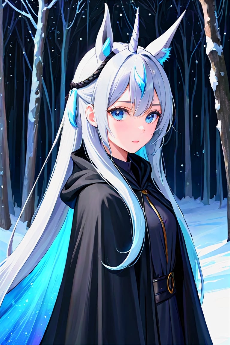 pale woman, iradescent unicorn horn on forehead, long grey hair, black cloak, human face, horse tail, horse ears, icy blue eyes