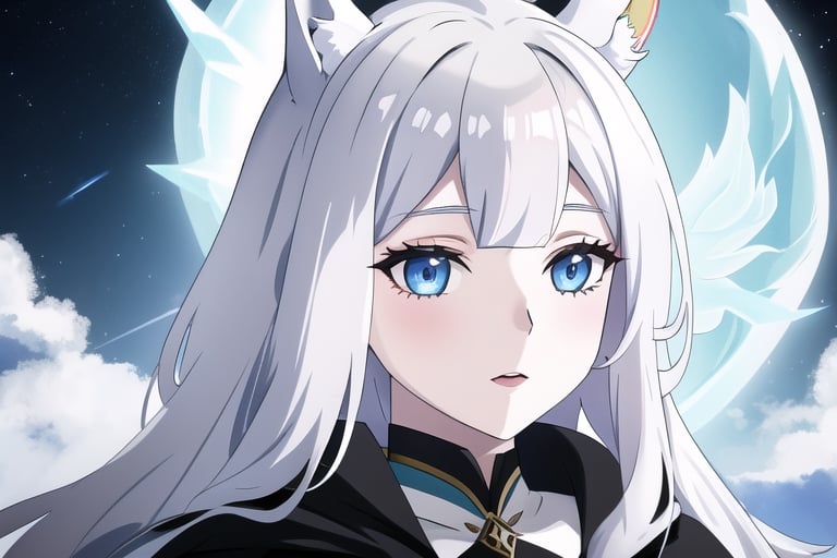 pale woman, long silver hair, black cloak, unicorn horn, human_focus, human face, horse tail, horse ears, icy blue eyes, 