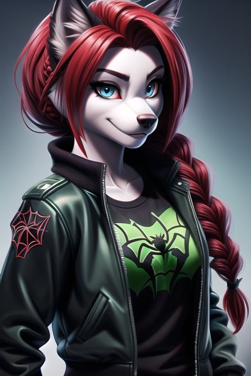 silver_fur, wolf, blue-grey eyes, red_hair, fishtail_braid over shoulder, furry, hellhound,cartoon,furry girl,FurryCore, black_spiderweb_shirt, green_bomber_jacket, female,