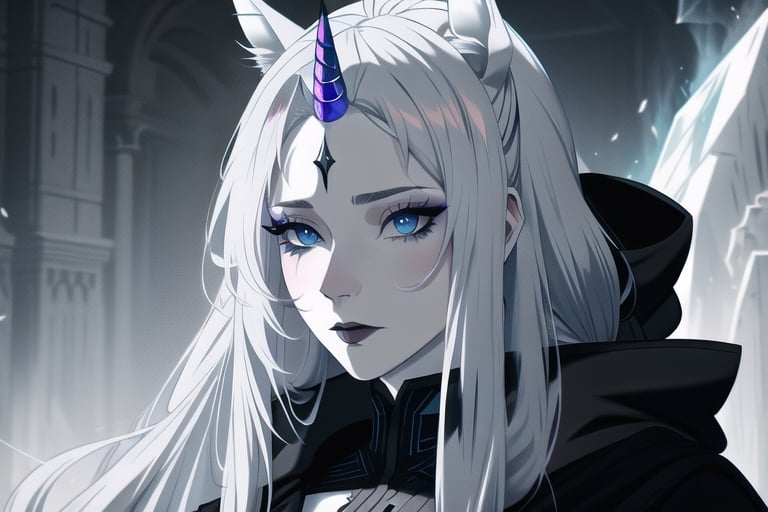 pale woman, iradescent unicorn horn on forehead, long grey hair, black cloak, human face, horse tail, horse ears, icy blue eyes,