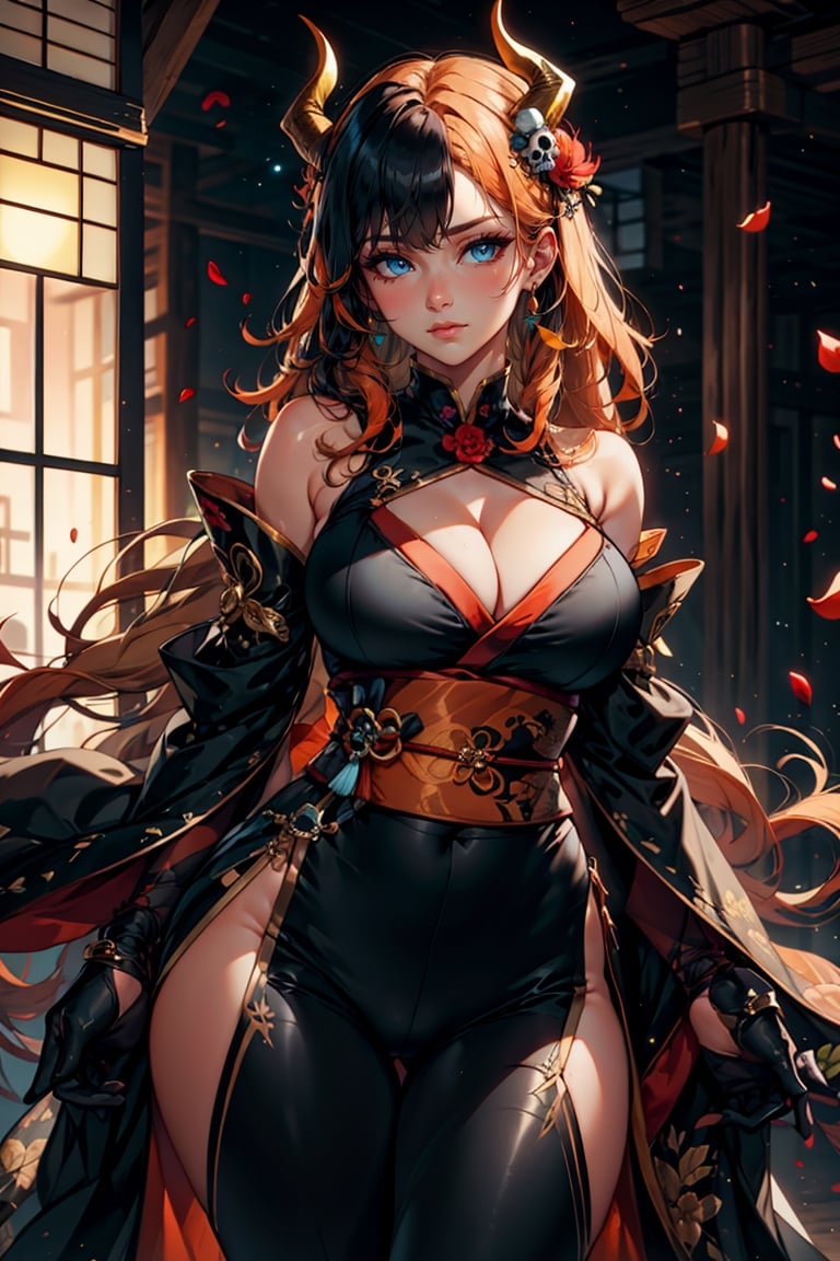 1girl, solo, long hair, breasts, looking at viewer, bangs, blue eyes, blonde hair, large breasts, black hair, hair ornament, gloves, cleavage, bare shoulders, closed mouth, standing, flower, multicolored hair, cowboy shot, detached sleeves, japanese clothes, horns, black gloves, elbow gloves, pants, orange hair, sash, petals, clothing cutout, obi, black pants, cleavage cutout, red flower, skull